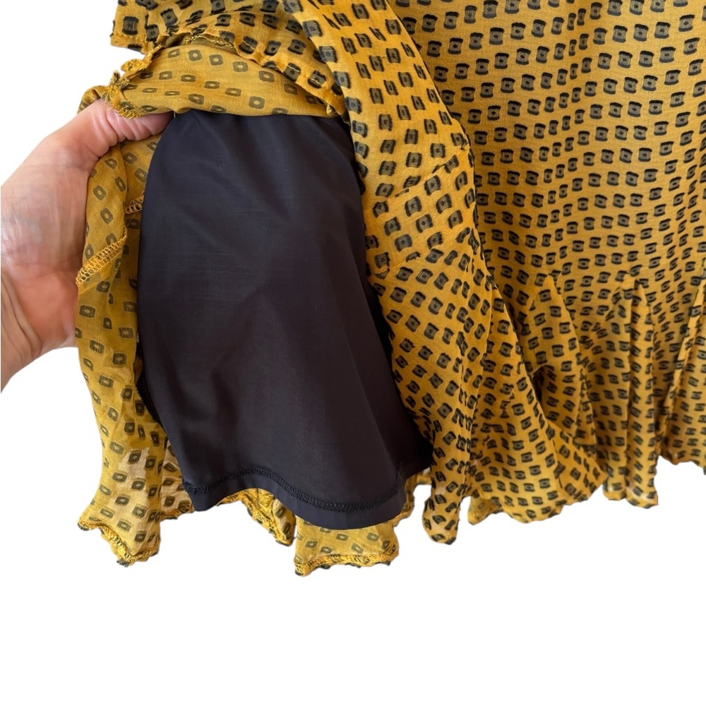 Eva Franco Silk Blend Belted Dress Sz 8 Mustard Yellow Black Pleated Hem Ruched - Picture 10 of 12